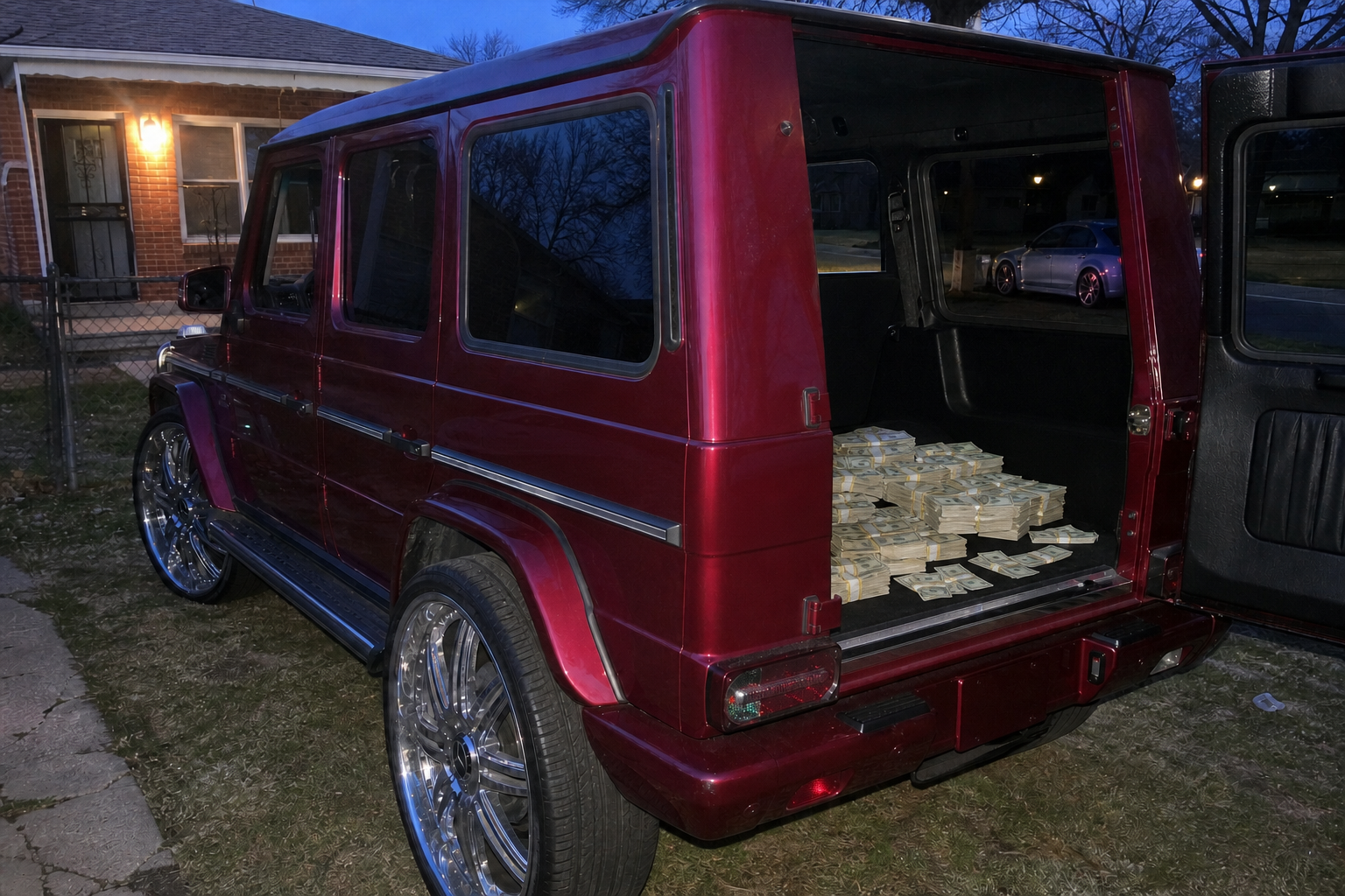 Cash stacked on the horizontal cargo floor inside a burgundy Mercedes G-Class with chrome wheels