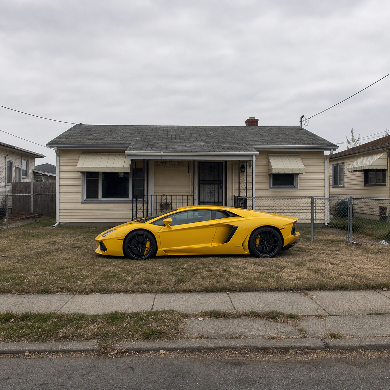 A complete yellow Lamborghini Aventador on the lawn of a small cream house